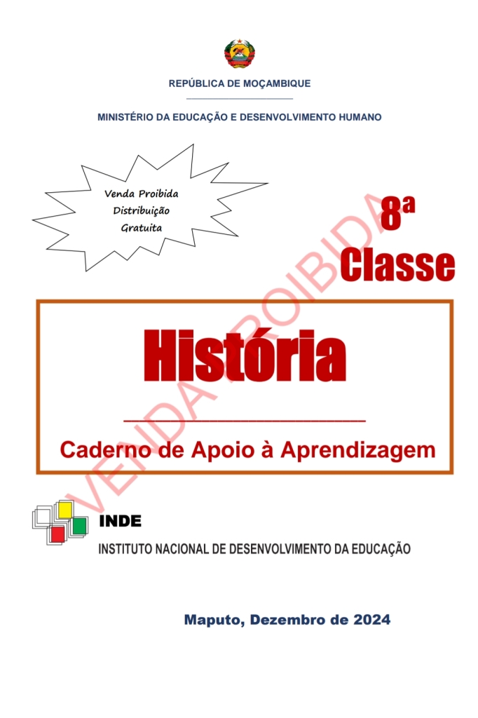Capa do livro Caderno de Apoio de História 8ª Classe (Edição 2024)