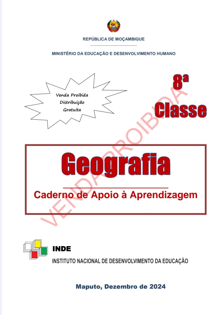 Capa do livro Caderno de Apoio de Geografia da 8ª Classe (Edição 2024)