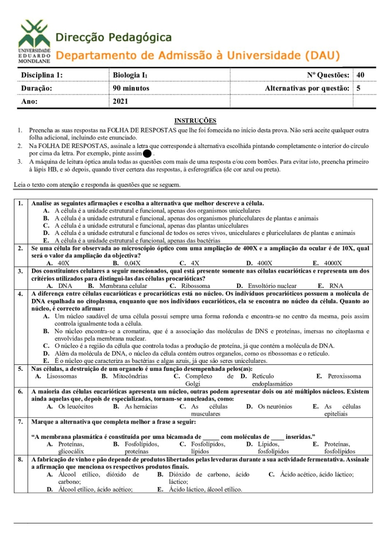 Biologia 1 UEM 2021 (Enunciado e Resolução)