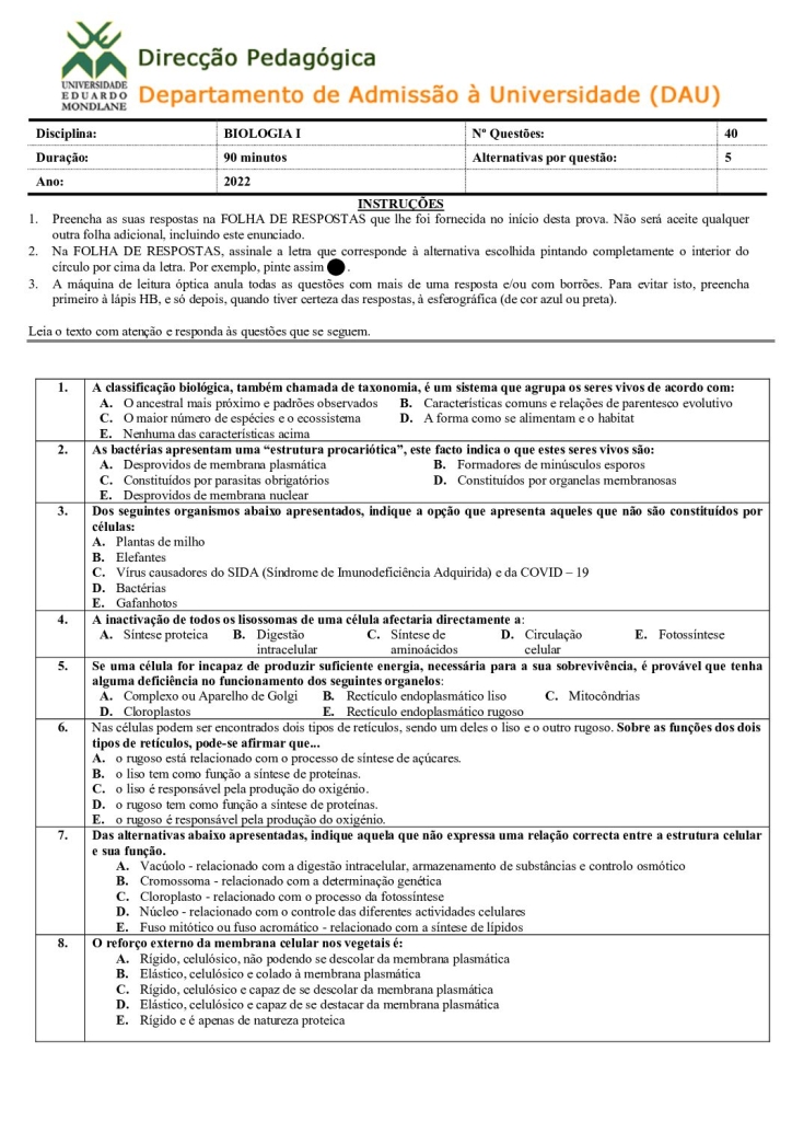 Capa de Biologia 1 UEM 2022 (Enunciado e Resolução)