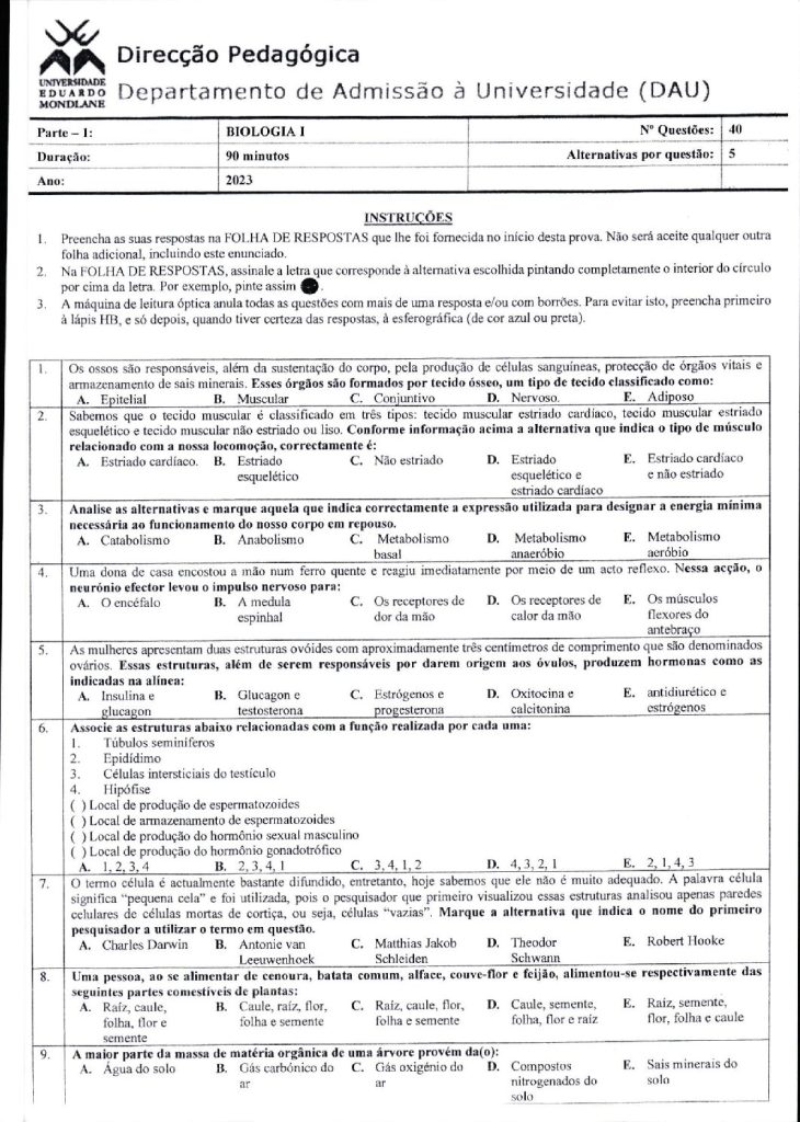 Capa de Biologia 1 UEM 2023 (Enunciado e Resolução)