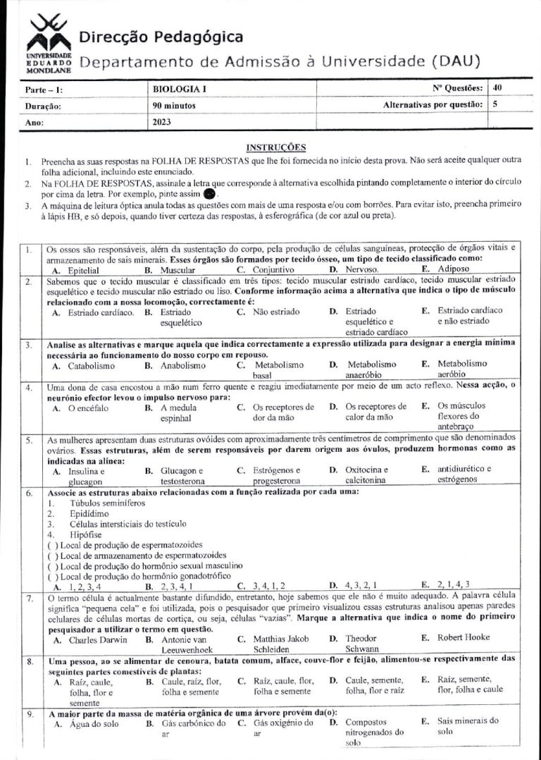 Biologia 1 UEM 2023 (Enunciado e Resolução)