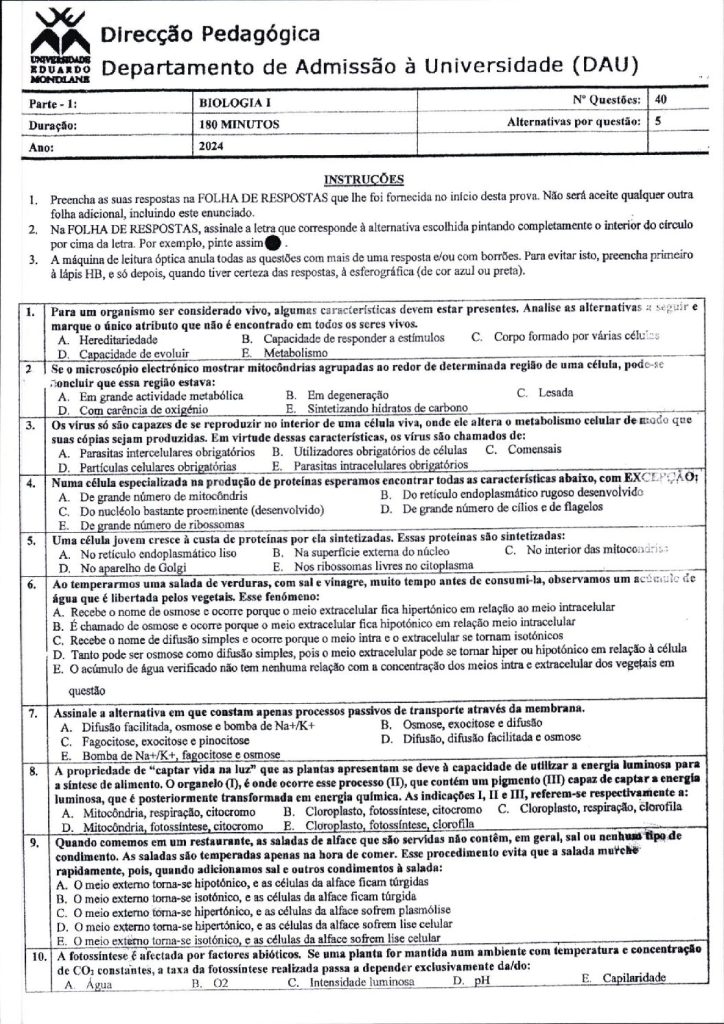 Capa de Biologia 1 UEM 2024 (Enunciado e Resolução)