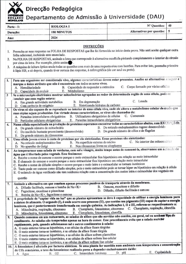Biologia 1 UEM 2024 (Enunciado e Resolução)