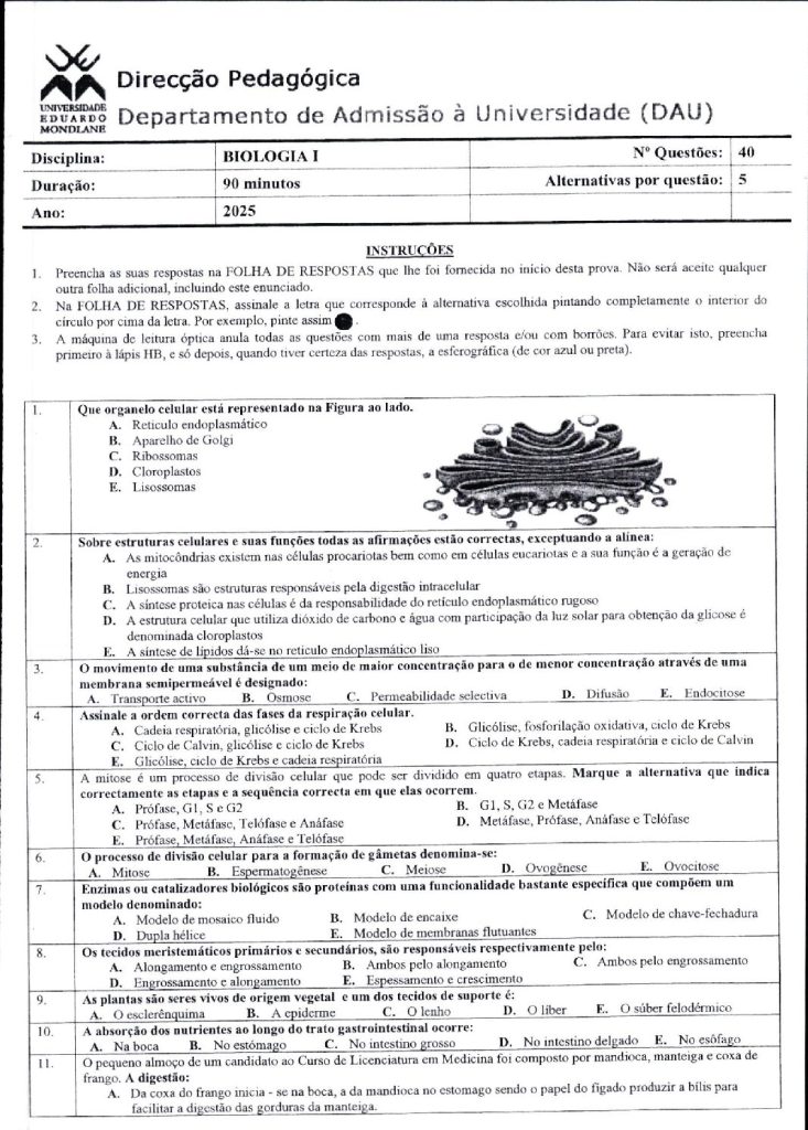 Capa de Biologia 1 UEM 2025 (Enunciado e Resolução)
