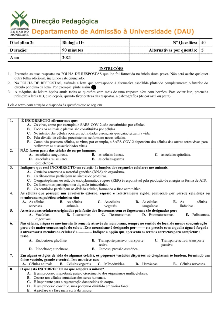 Capa de Biologia 2 UEM 2021 (Enunciado e Resolução)