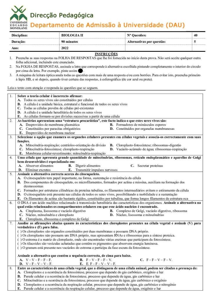 Capa de Biologia 2 UEM 2022 (Enunciado e Resolução)
