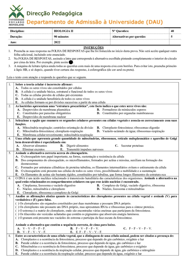 Biologia 2 UEM 2022 (Enunciado e Resolução)