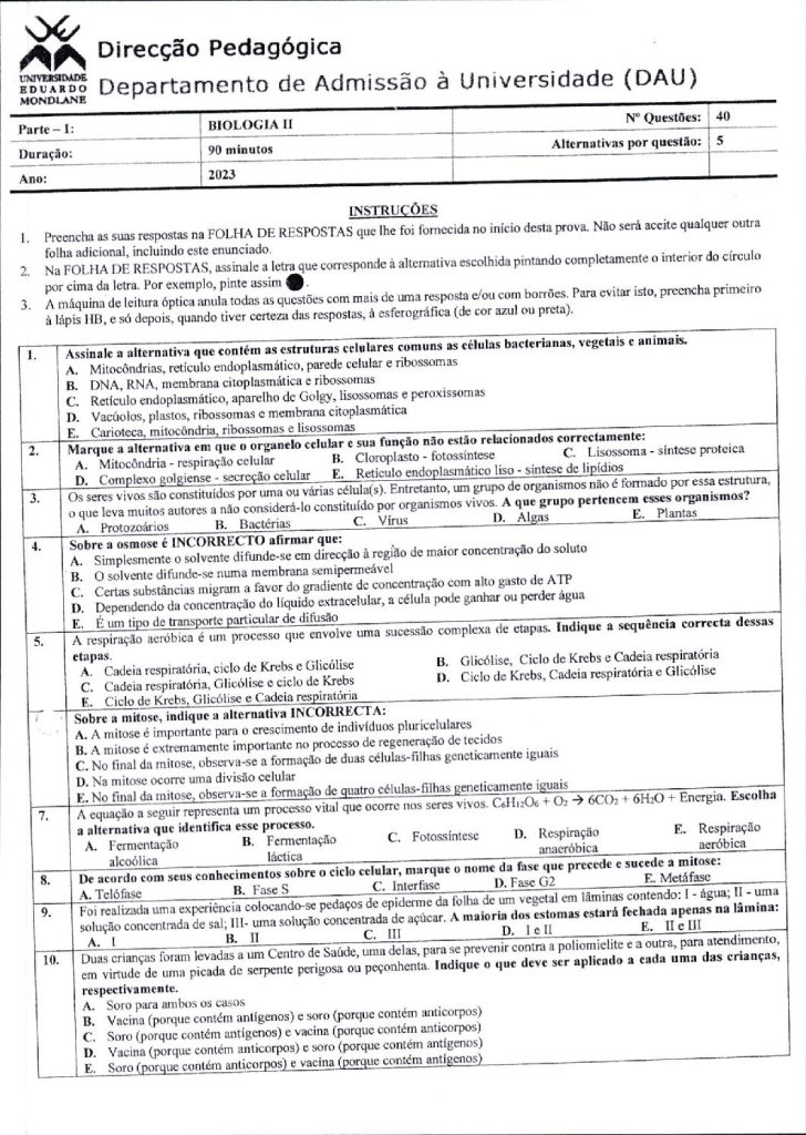 Capa de Biologia 3 UEM 2023 (Enunciado e Resolução)