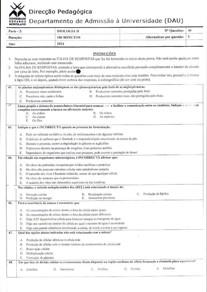 Capa de Biologia 3 UEM 2024 (Enunciado e Resolução)