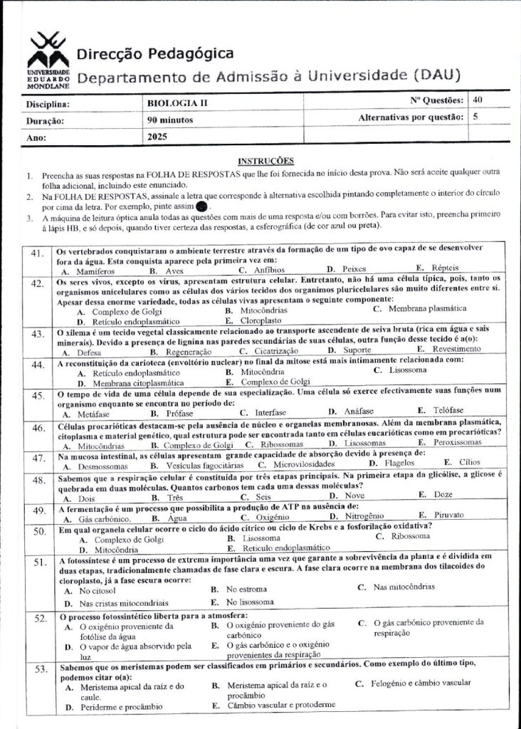 Capa de Biologia 2 UEM 2025 (Enunciado e Resolução)