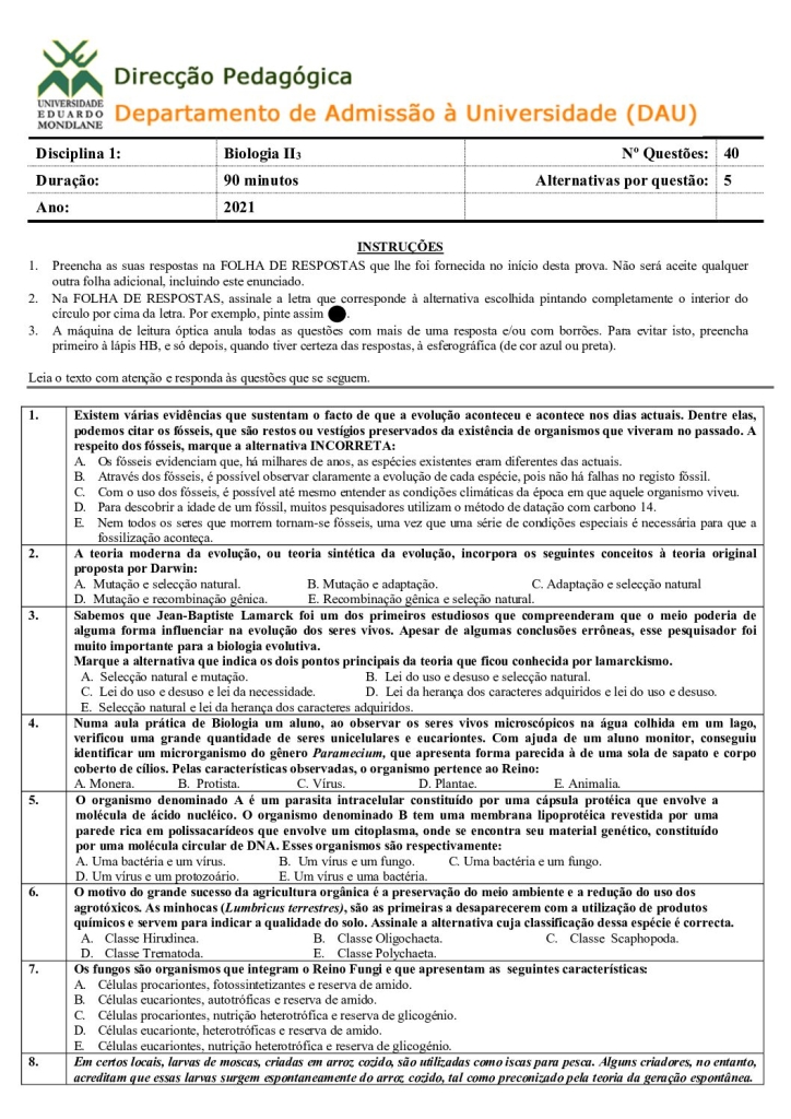 Capa de Biologia 3 UEM 2021 (Enunciado e Resolução)