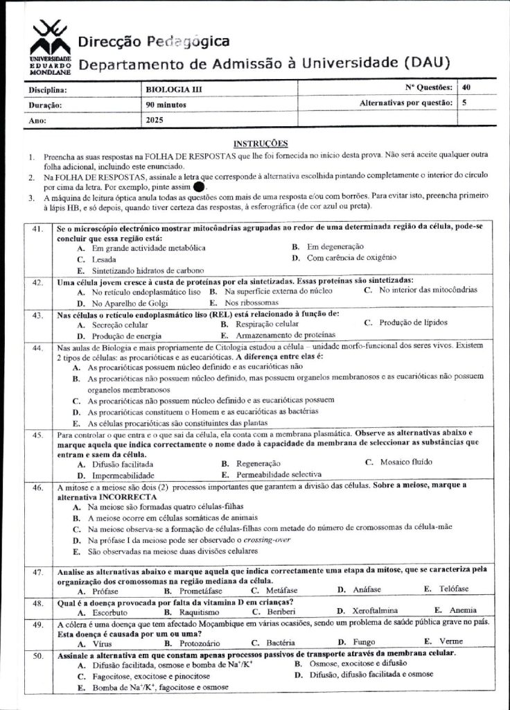 Capa de Biologia 3 UEM 2025 (Enunciado e Resolução)