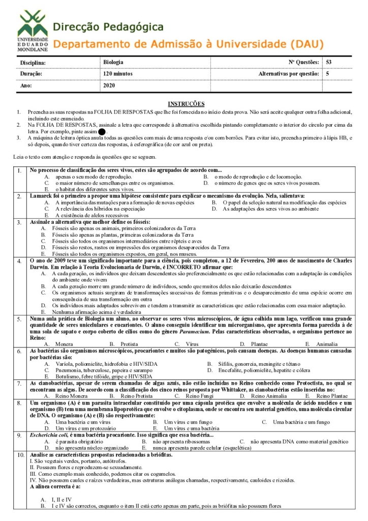 Capa de Biologia UEM 2020 (Enunciado e Resolução)