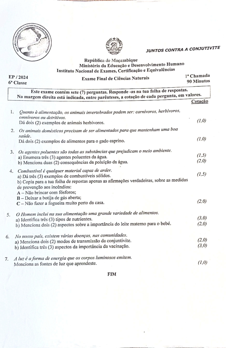 Ciências Naturais 6ª Classe 2024 – 1ª Chamada