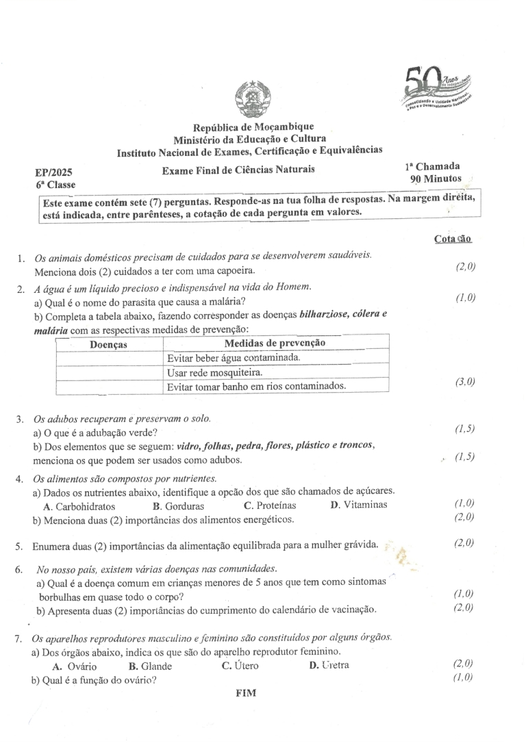 Ciências Naturais 6ª Classe 2025 – 1ª Chamada