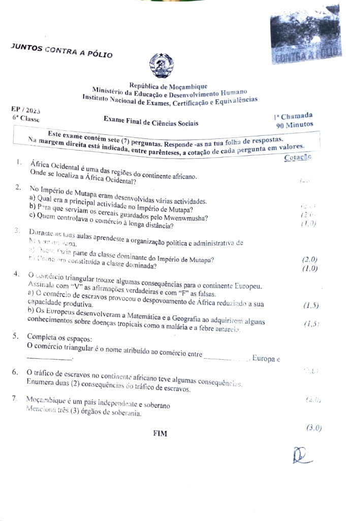 Capa de Ciências Sociais 6ª Classe 2023 – 1ª Chamada