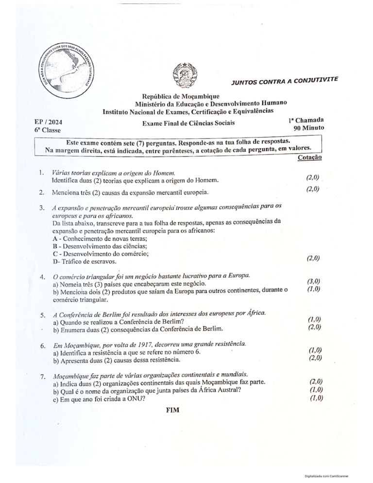 Ciências Sociais 6ª Classe 2024 – 1ª Chamada