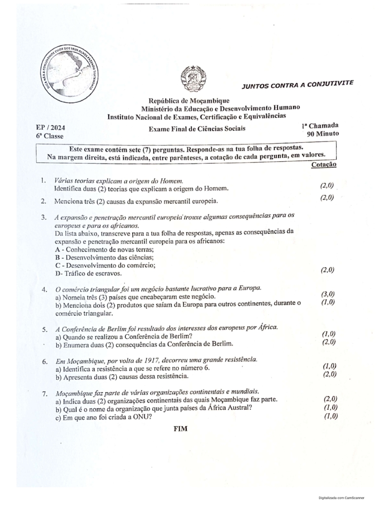 Capa de Ciências Sociais 6ª Classe 2024 – 1ª Chamada