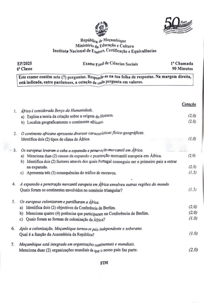 Capa de Ciências Sociais 6ª Classe 2025 – 1ª Chamada