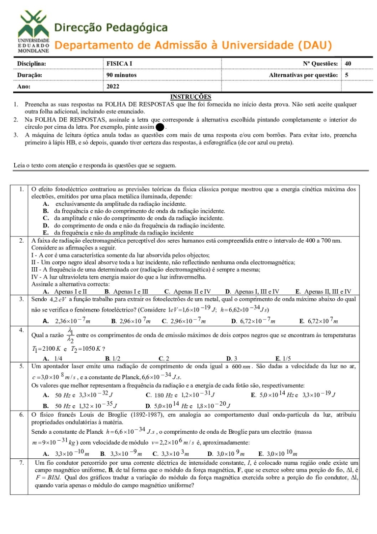 Física 1 UEM 2022 (Enunciado e Resolução)