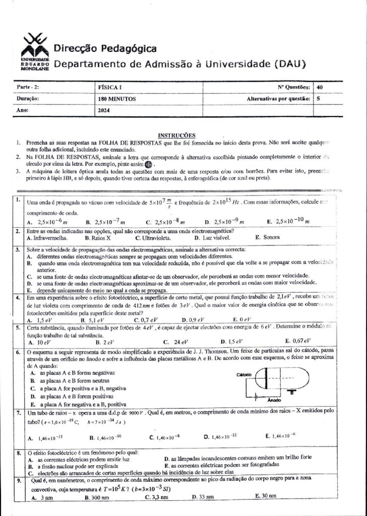 Capa de Física 1 UEM 2024 (Enunciado e Resolução)