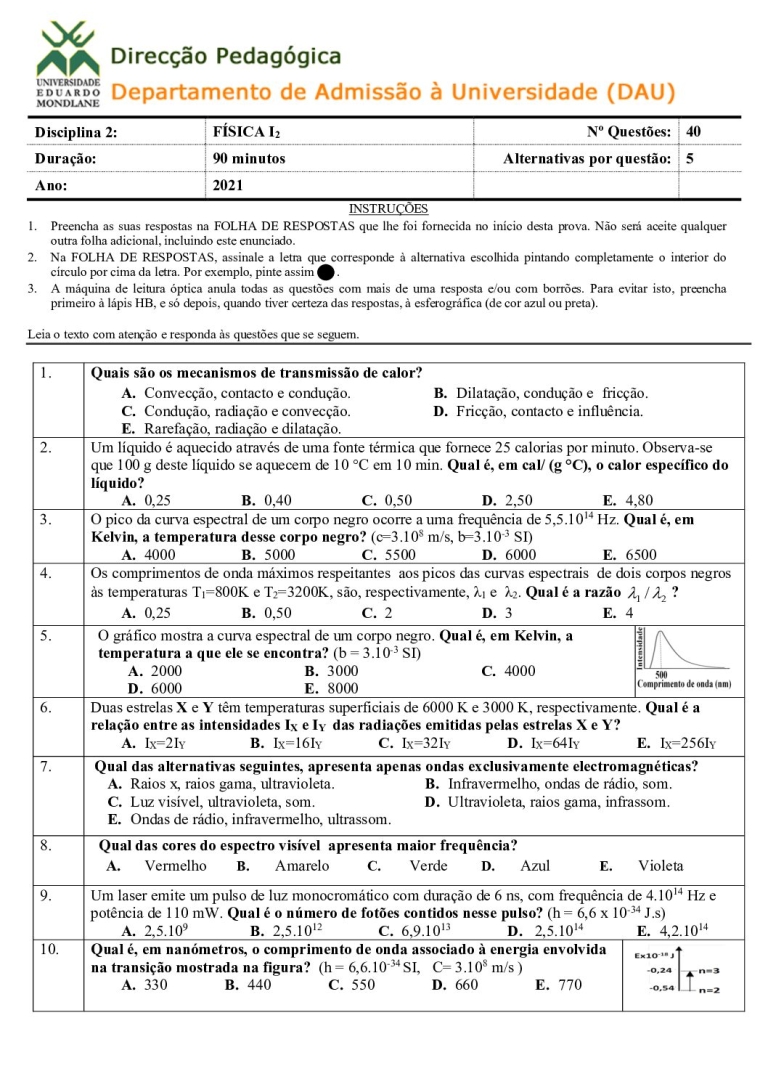 Física 2 UEM 2021 (Enunciado e Resolução)