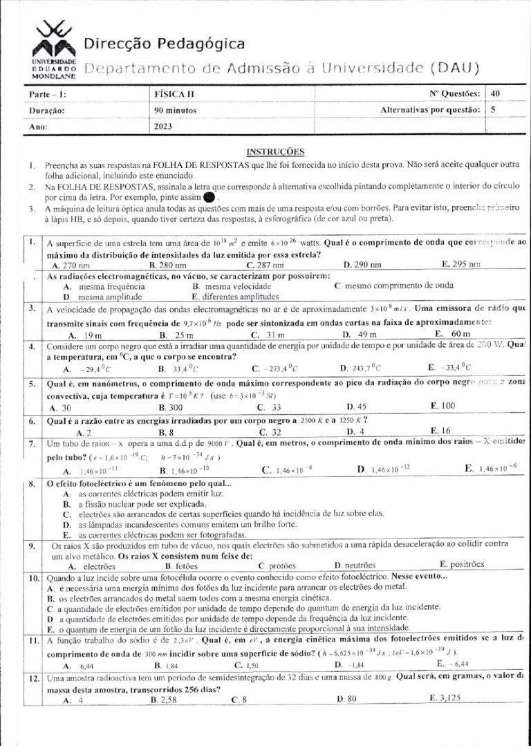 Física 2 UEM 2023 (Enunciado e Resolução)