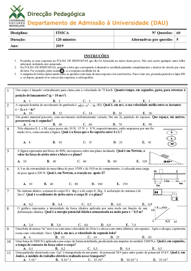Física UEM 2019 (Enunciado e Resolução)