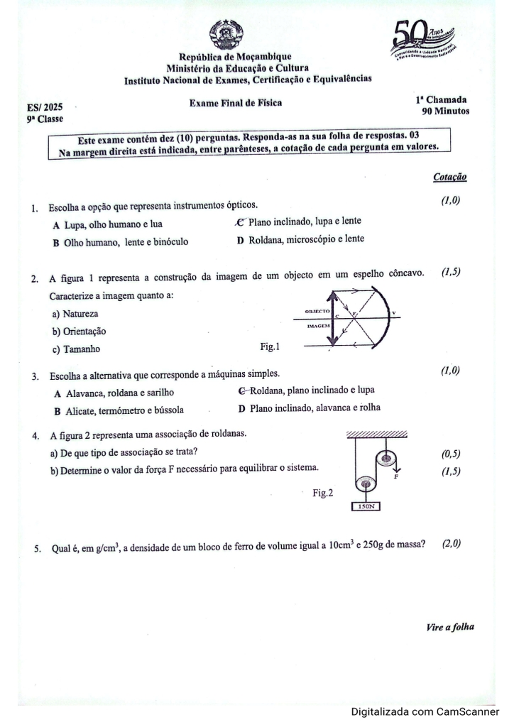 Capa de Física 9ª Classe 2025 – 1ª Chamada