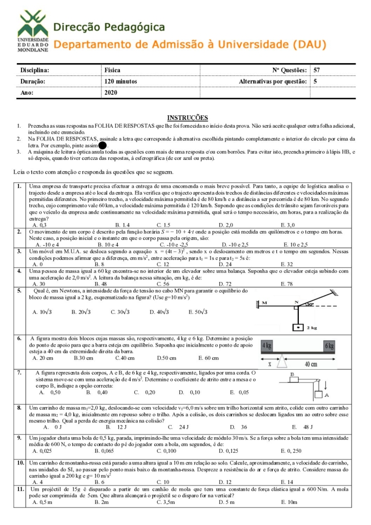 Capa de Física UEM 2020 (Enunciado e Resolução)