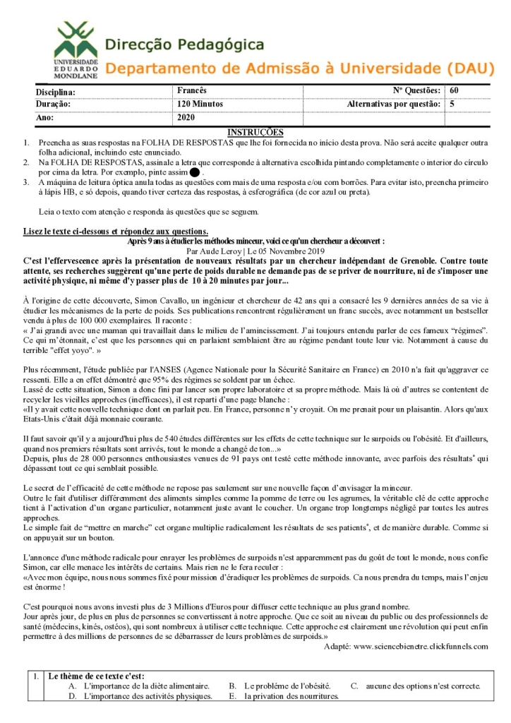 Capa de Francês UEM 2020 (Enunciado)