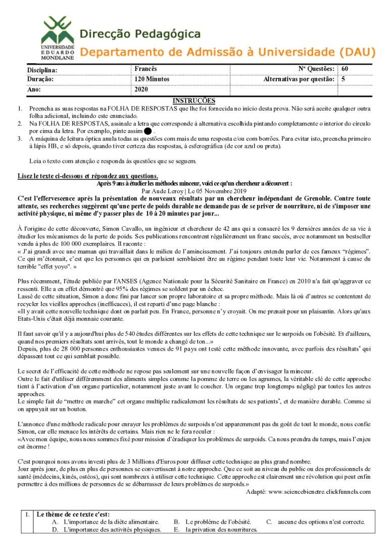 Francês UEM 2020 (Enunciado)