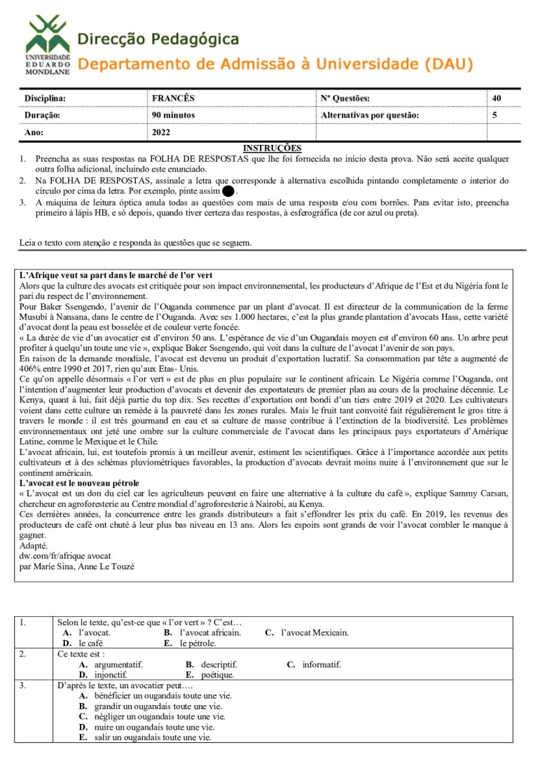 Francês UEM 2022 (Enunciado)