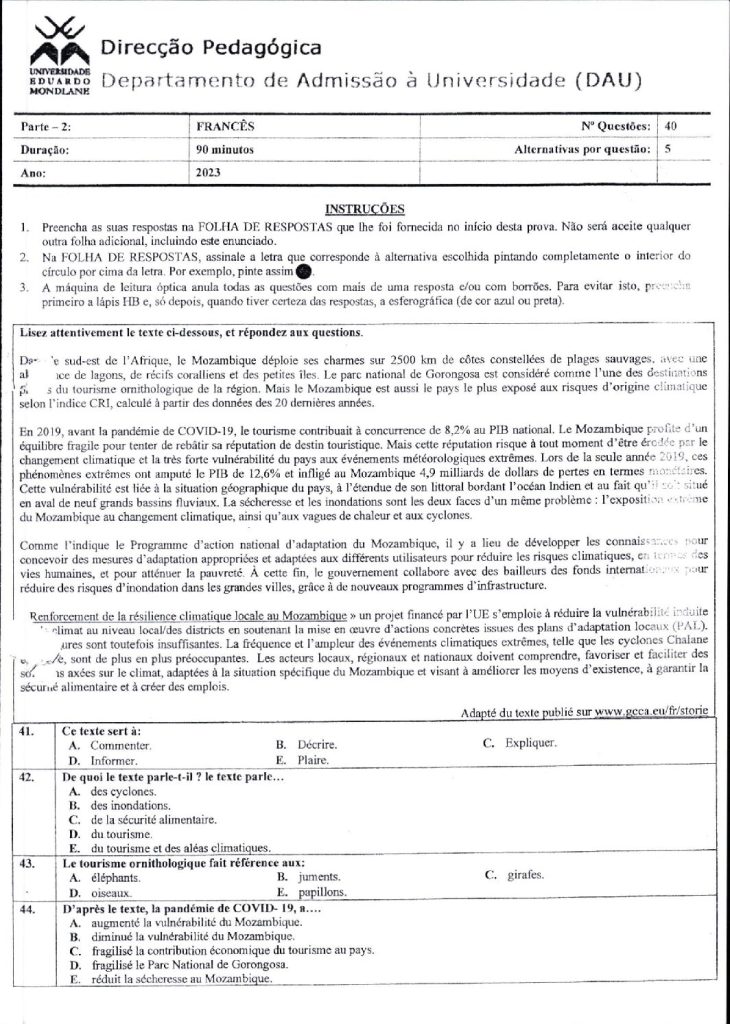 Capa de Francês UEM 2023 (Enunciado)