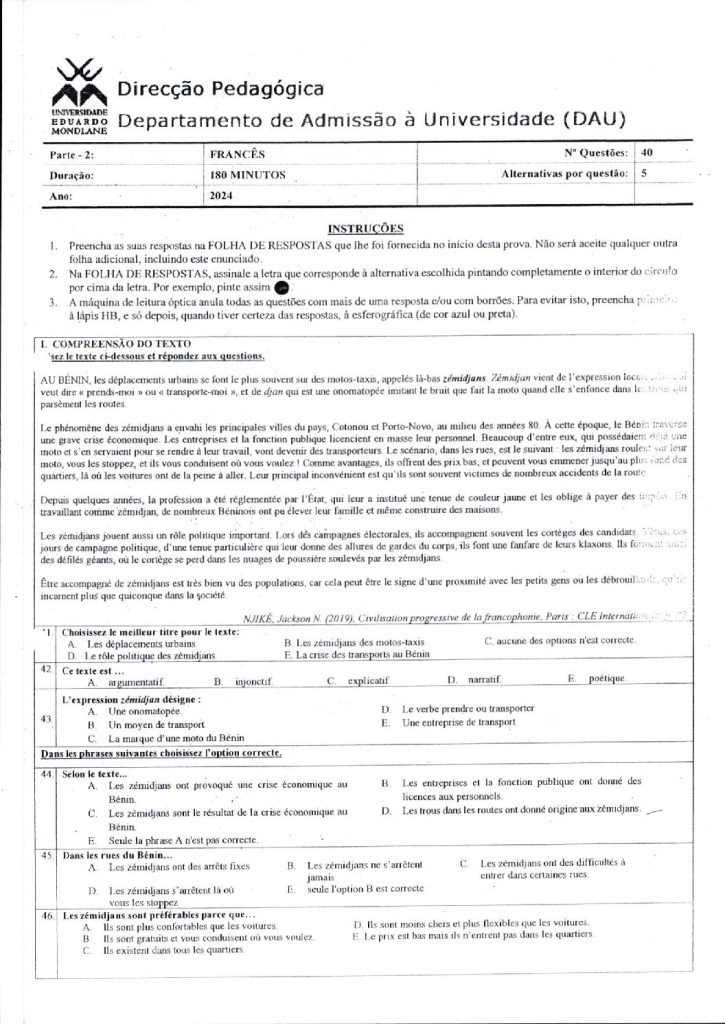Capa de Francês UEM 2024 (Enunciado)