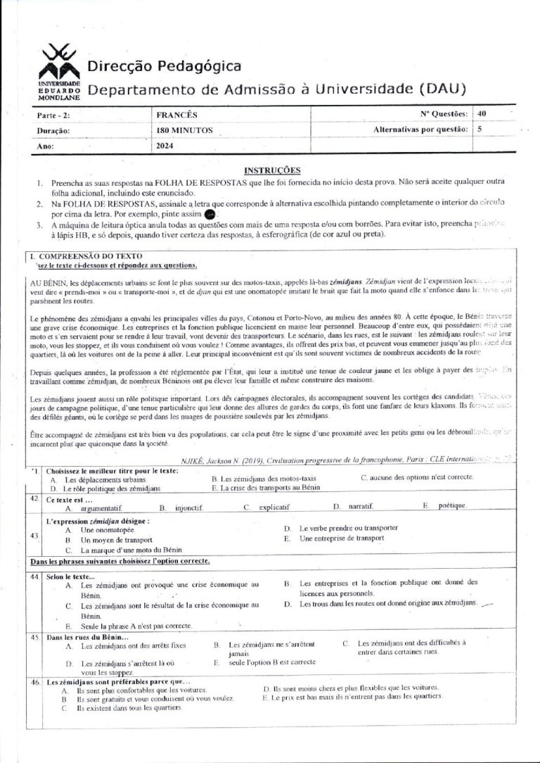 Francês UEM 2024 (Enunciado)