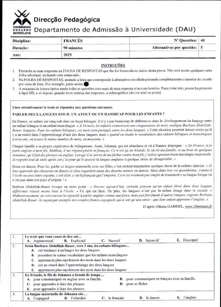 Capa de Francês UEM 2025 (Enunciado)