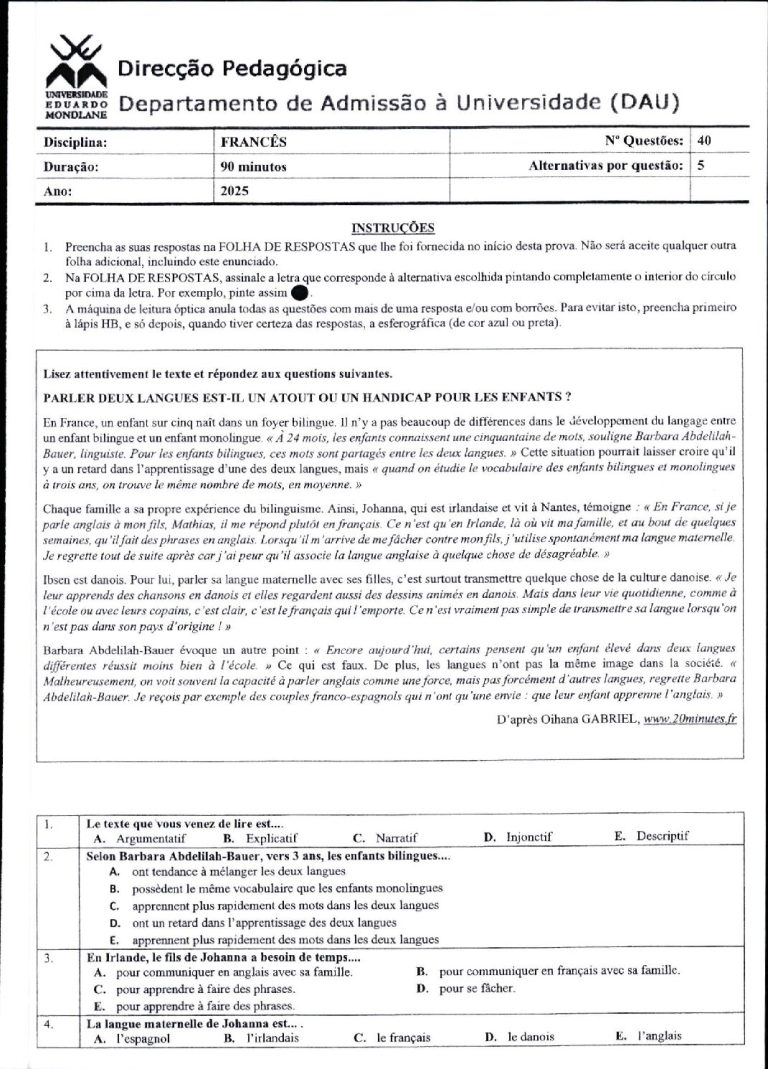 Francês UEM 2025 (Enunciado)
