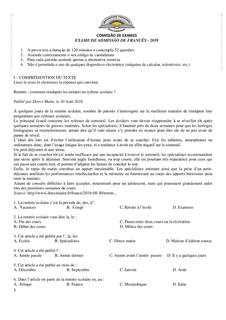 Capa de Francês UP 2019 (Enunciado)