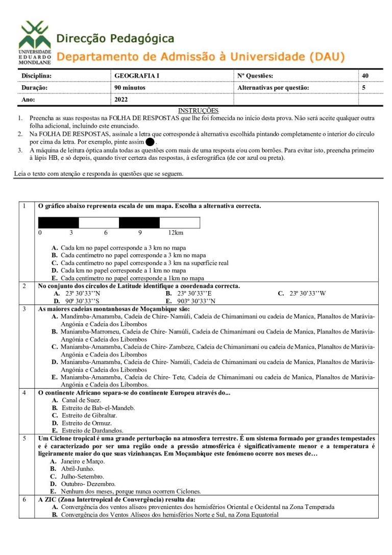 Geografia 1 UEM 2022 (Enunciado)