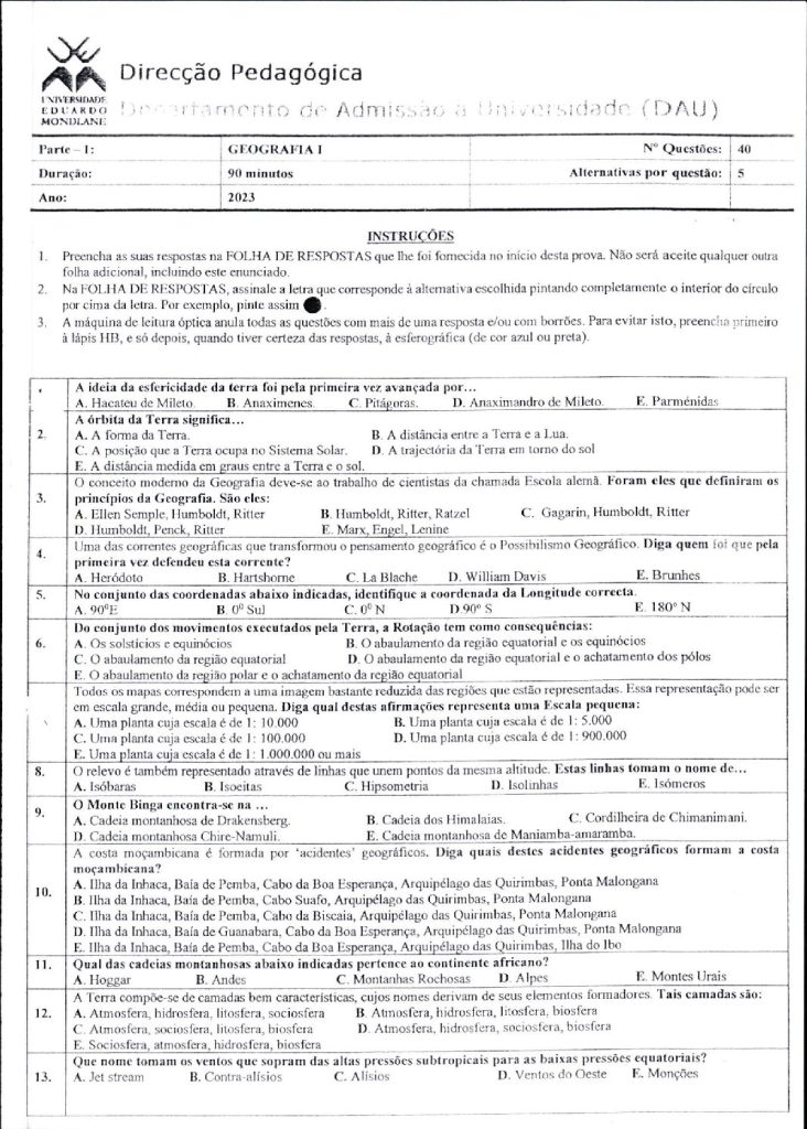 Capa de Geografia 1 UEM 2023 (Enunciado)