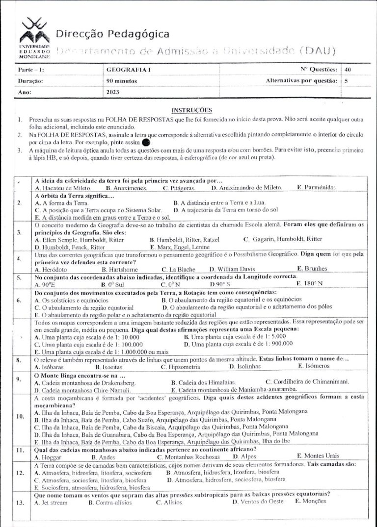 Geografia 1 UEM 2023 (Enunciado)