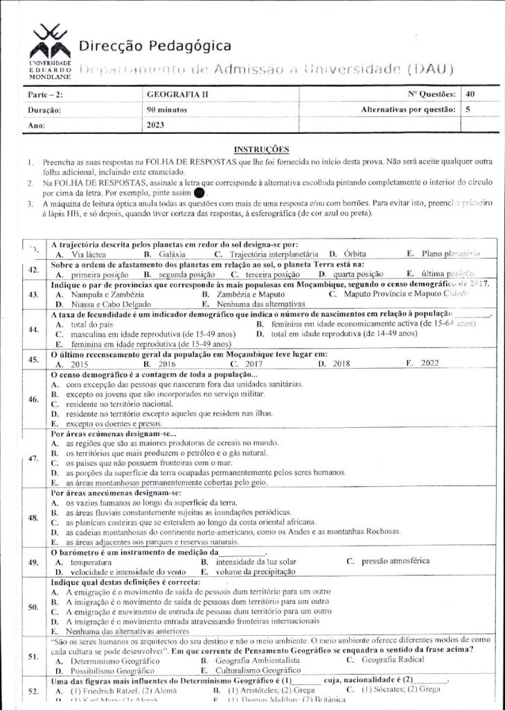Capa de Geografia 2 UEM 2023 (Enunciado)