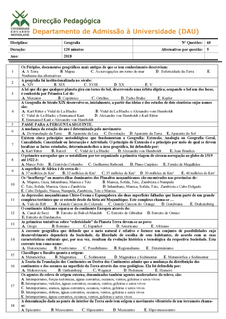 Capa de Geografia UEM 2018 (Enunciado)