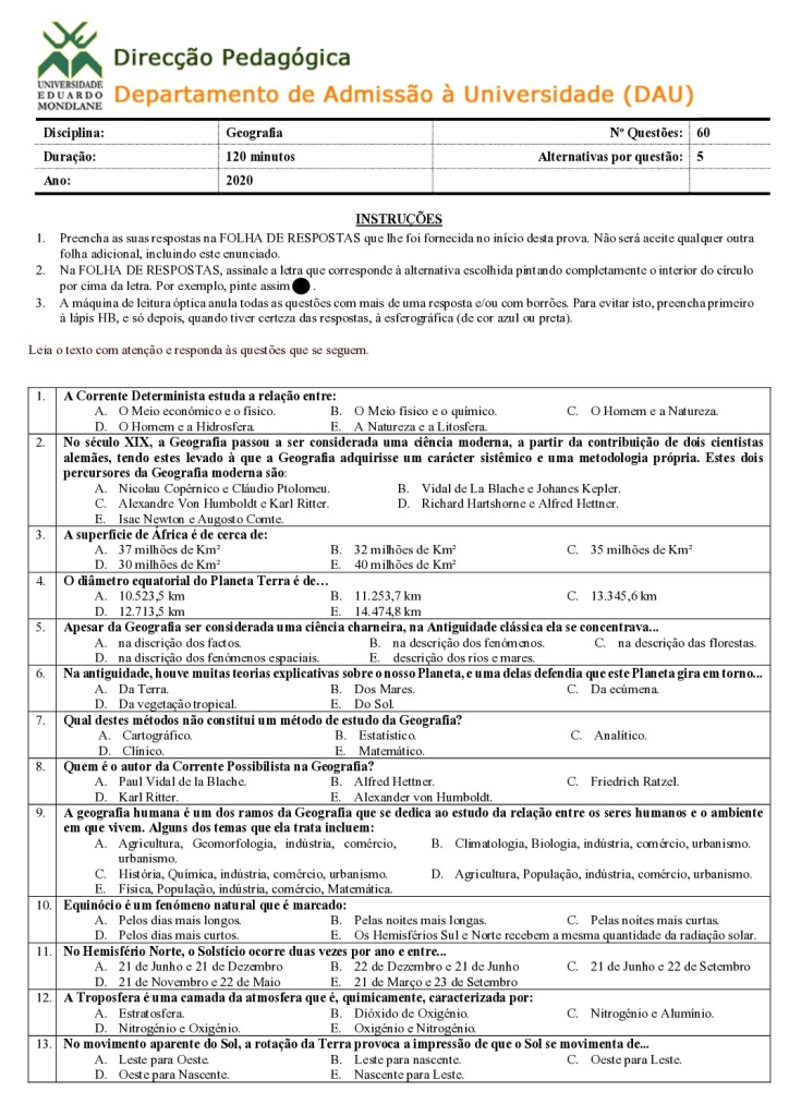 Capa de Geografia UEM 2020 (Enunciado)