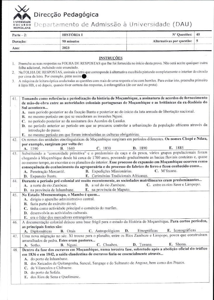 Capa de História 1 UEM 2023 (Enunciado)