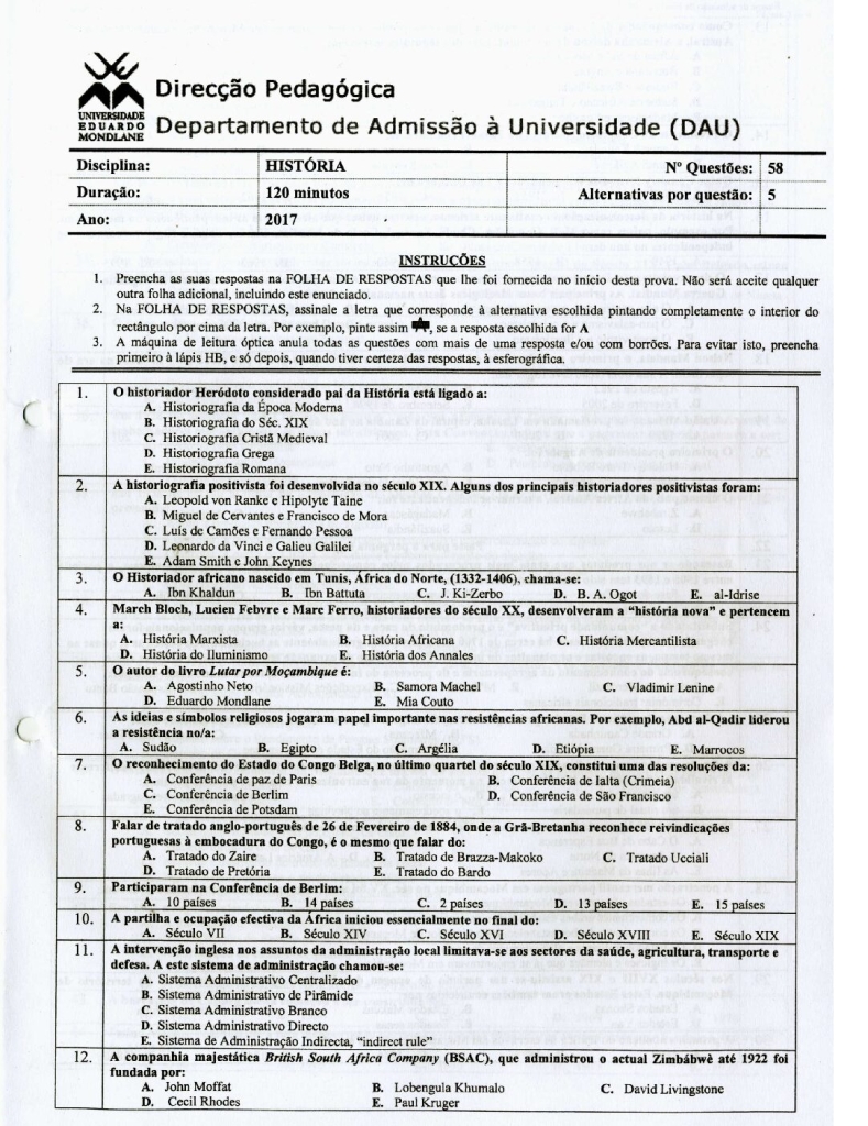 Capa de História UEM 2017 (Enunciado)
