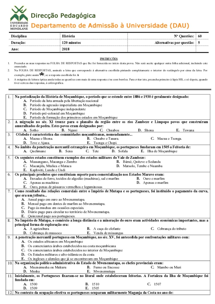 Capa de História UEM 2018 (Enunciado)