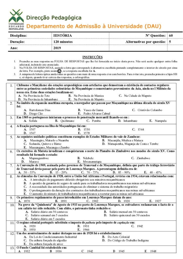 Capa de História UEM 2019 (Enunciado)